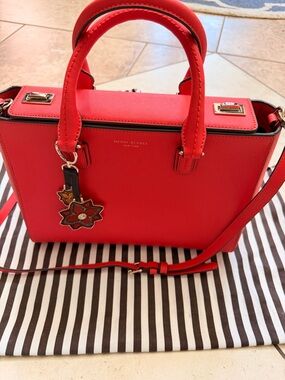 henri bendel Red Saffiano Satchel with Floral Charm